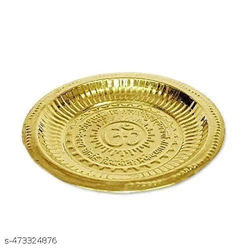 Brass Handmade Pooja Thali/Plate with Om Symbol and Gayatri Mantra in Center (Size- 7 Inch) - Religious Gift Item (Festival/Diwali Gift...