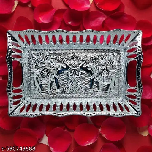Traditional Design Medium Size Serving seer Plates Tray Silver Finish Plastic Multipurpose Decorative Designer Platters for Mukhwas Dry Fruit Return Gift Diwali Marriage Pooja (Pack of 1)