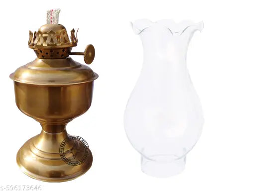 Antique Brass Designer Table Lantern Glass Oil Lamp Oil Chimney Home Decoration 9.5 x 3 Inches, Pack of 1 (KQCA) (Antique)