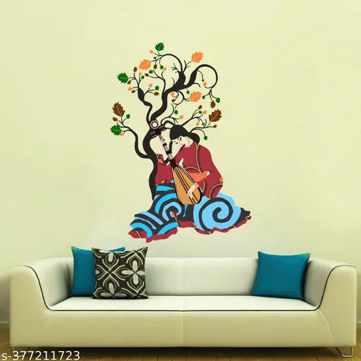 decorative beautiful girl playing sitar under the tree wall sticker  (pvc vinyl covering area 64X91 cm)