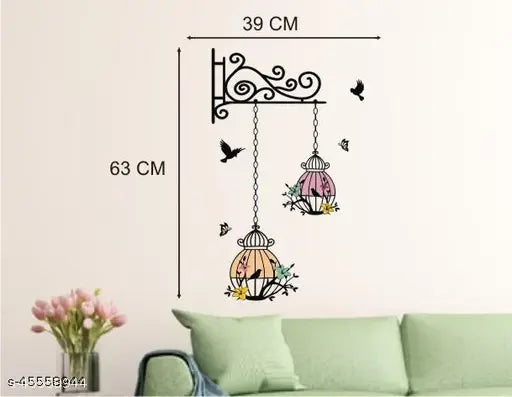 Decor Solution Hanging Flower Birdcage With Birds Wall Sticker For Living Room, Bedroom ( ideal size on wall: 39 cm x 63 cm ),Multicolour