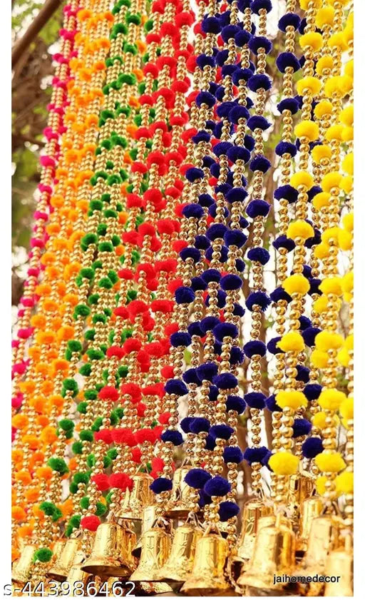 10 Pcs Handmade Wall Door Red Yellow Green Hanging Pom Pom Torans Garland Bandhwar with Golden Bells Decoration Item, Home Decoration, Diwali Decoration, temple Room. ( Size Approx 3.5 Fitt )