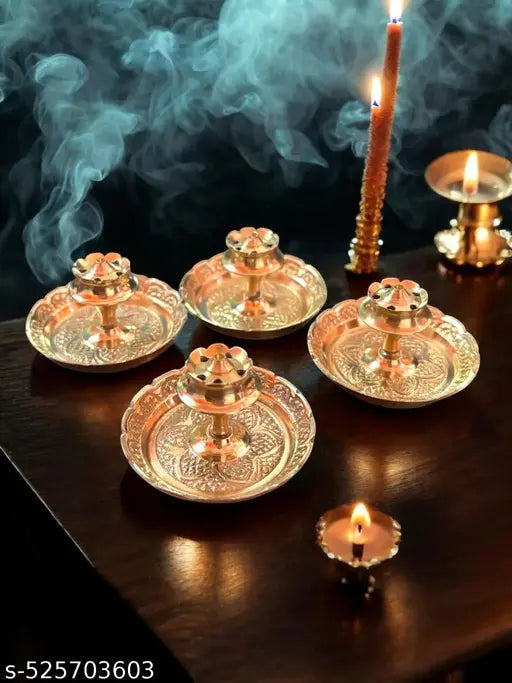 SriMaa Ventures Premium Brass Agarbatti Stick Holder || Small Dhoop Catches Ash Incense Burner for Agarbatti Sticks, Home Puja, Meditation Space, Work Space, Relaxation (Pack of 4)