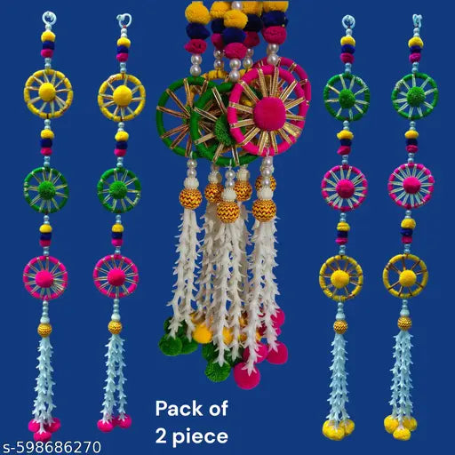 Kashish Collection - Handmade Hanging, With Pom Pom, Jali Chudi, with Woolen Tassels, Pack of 2, Color - Multicolor, Size - 28 Inch, Perfect Used For - Home Decor, Festival & Wedding Decoration