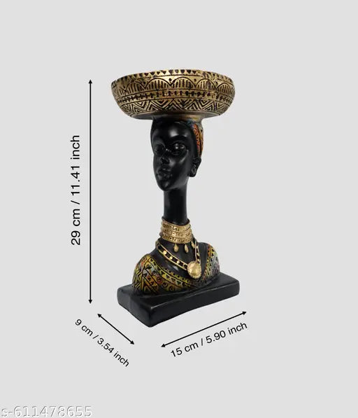 Decor Bazar™ African Lady Statue with Basket on Head | Decorative Organizer Showpiece for Tabletop, Home Decor, Living Room, Office & Gifting