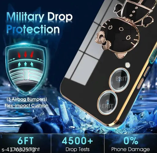 Star Creature C,at Back Cases and Covers Compatible for 'Vivo' Y28 5G Kitty C,at Back Cover Case with Stand and Mirror | Anti-Slip | Folding Stand (Black)