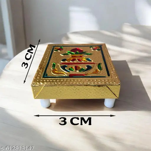 Golden Kalash Meenakari Puja Chowki Set of 3 | Traditional Wooden Bajot for Mandir & Festivals