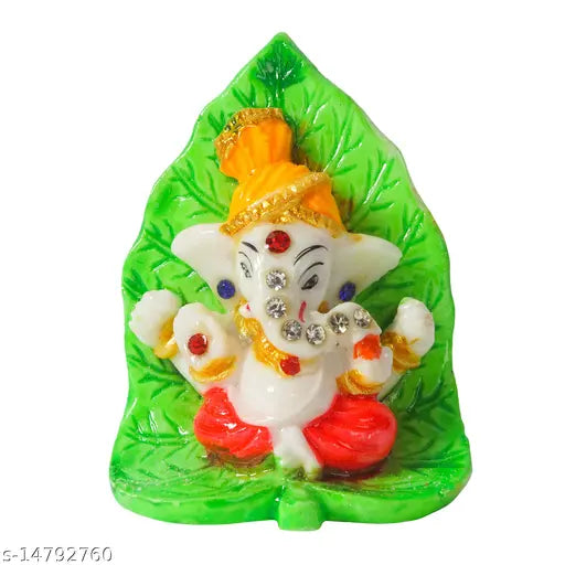 Polyresin Mukut Stone Leaf Design Ganesh Idol Statue with Gold Plate Chatri - Divine Elegance for Car Dashboard, Office, Study Table, Decor, Special Occasion Gifts.Divine Elegance: Polyresin Mukut Stone Leaf Design Ganesh Idol with Gold Plate Chatri emana