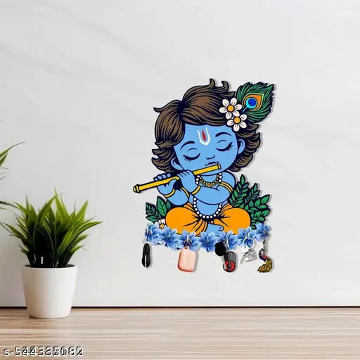 Hivyansh Little Krishna Wooden Wall Key Holder, Key Hanger for Living Room | Home Decor | Office Gift Items - 11.5' x 5.5' Inch Multi, (Pack of 1)
