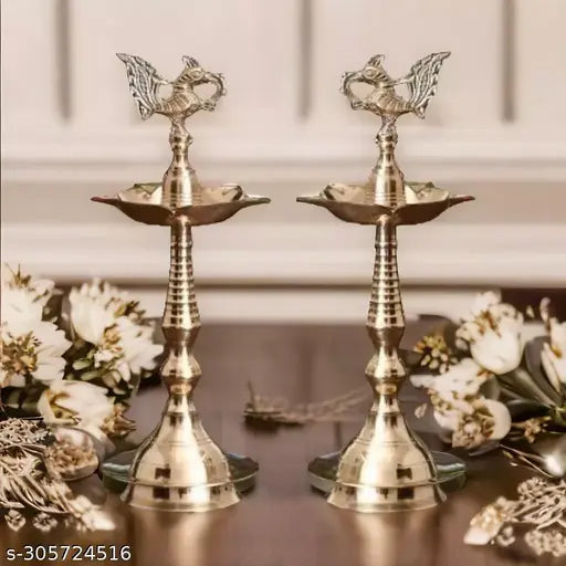 RaDeco Brass Kerala Fancy Samai Peacock Mahabharat Diya Oil Lamp 100% Pure Brass Height 9 Inch Set of 2 pcs