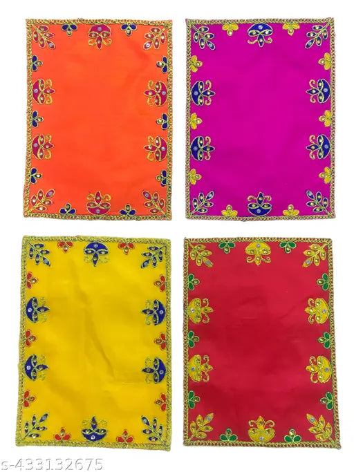 HEMDEV 8 Inch * 6 Inch Embroidery Thread Multicolor Puja Aashan For Laddu Gopal And Ganapati Altar Cloth  (Pack of 4)