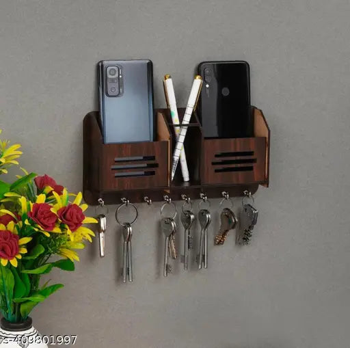 Wooden Key Holder with Storage  Mobile Holder and Pen Holder, Wooden Home décor Wall Mount Key Holder(Brown)