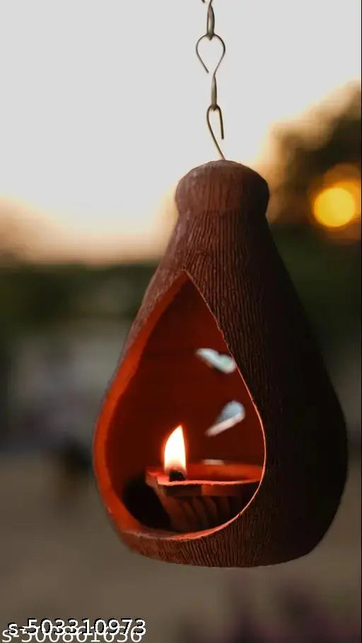 SBM Groups Terracotta Clay Oil Coconut Shape Lamp - |Clay Diya Pooja Lamp| |Oil Lamp with Cover| Hanging lamp with chain |Clay lamp for Pooja| -Inspired Decorative Light Fixture for Ambiance | |Mud Oil Lamp| (Pack of 1)