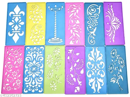M.G ENTERPRISE DIY Plastic Rangoli Stencils For Floor and Wall PLS-E-12 Set of 12 pc (3 in x 7 in)