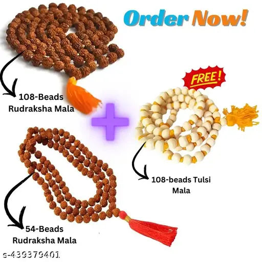108 Beads Rudraksha Mala, 54 Beads Rudraksha Mala, 108 Beads Tulsi Mala (Free) (Pack of 1 pcs)