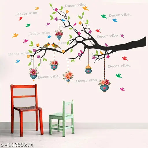 Decor vibe Trendy Tree And Flowers Wall Sticker ( Size 76X50.5CM )