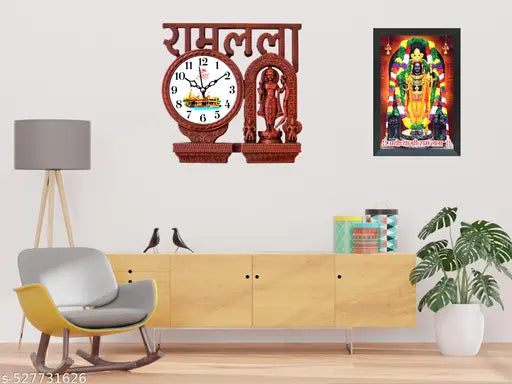 A vibrant and devotional wall clock featuring  image of Ramlala, set against a bright orange background.