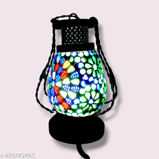 Desiree crafts , Laltain Set of 2 , wooden and Iron Handmade lalten with Multicolored led Light and Beautiful Glass imney Work