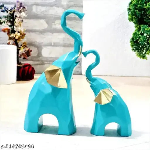 Aaputri Blue Elephant and Baby Set Polyresin Geometric Piece Statue and Artifacts for Home Decor, Living Room, Wall Decoration Polyresin Showpiece for Gifting Interiors ( Blue Elephant Set of 2)