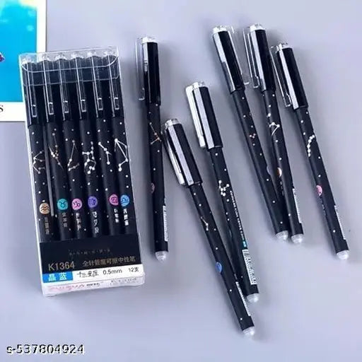 Erasable Constellation Star Galaxy Printed Zodiac Gel Pens 0.5mm Gel Blue Ink Pen Office School Stationary Supplies, Pack of 12 (Erasable Zodiac Pens 12Pc)