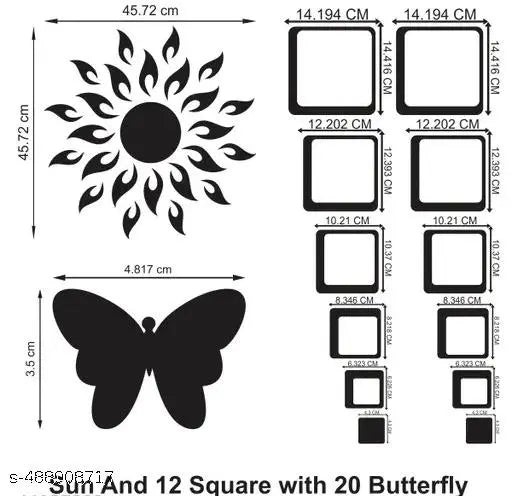 Silver Sun Flame 12 Square Silver 3D Acrylic Mirror Wall Sticker Decoration for Kids Room/Living Room/Bedroom/Office/Home Wall.