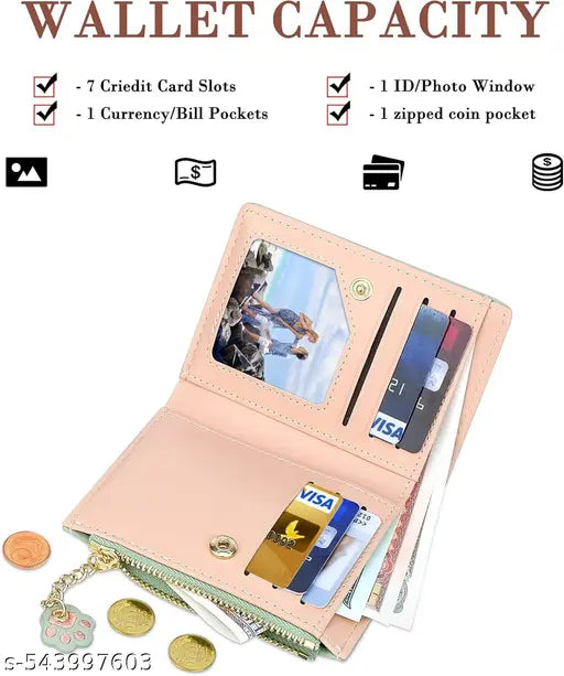 Cute Cat Wallet for Women – Small Bifold PU Leather Purse with Zipper & Paw Charm – Kawaii Animal Coin Card Holder