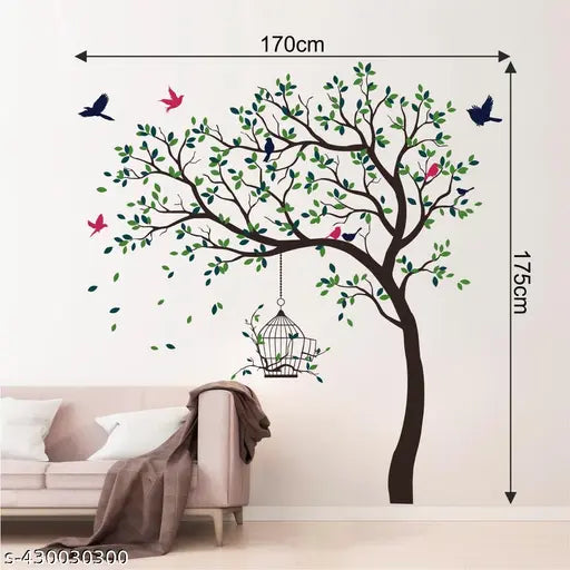 Decal O Decal 175 cm Green And Blue Twin Colours Leaves Tree With Birds Cage Self Adhesive Wall Sticker
