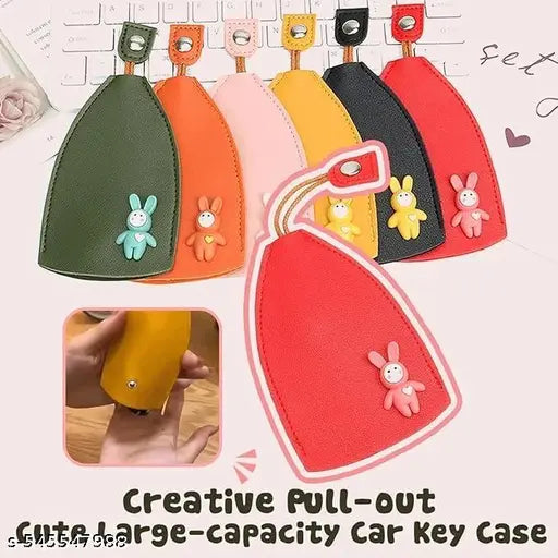 Spinfluencs 2Pc's PU Leather Creative Pull Out Cute Large Capacity Car Key Case, Case Key Holder, Cartoon Pull Type Key Bag super large capacity(Multicolour)
