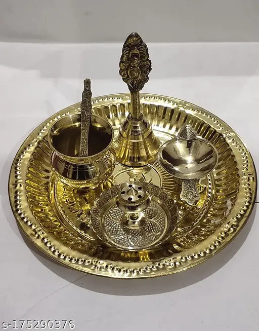 Pure Brass Set 5 Piece Pooja Plate, Ghanti, Diya, Lota, Agarbati Stand Home Decoration
