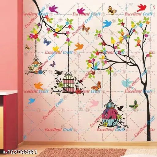 Delight Art Tree With Birds and Hanging Cages Design Wall Sticker Size - ( 109*120 ) cm
