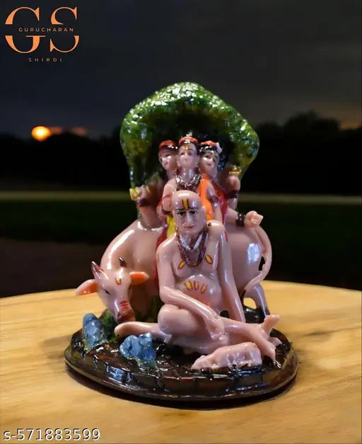 Premium Quality Divine Marble Dattatreya with Shri Swami Samartha Maharaj Idol – Cow & Nature Base Design