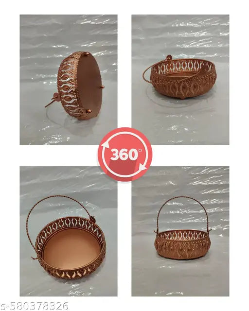 New Puja Metal Basket Copper Finished Round Shape/Puja Basket/Tokri/Kandi/With Handle/dalia/Puja item/Gift hamper/ By EVER TRENDS