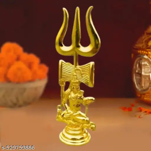 DARIDRA BHANJAN Brass Trishul, Trident Damru with Stand Brass Statue for Car Dashboard/Temple, Puja Ghar Bass shiv ji trishul fir pooja item decorative