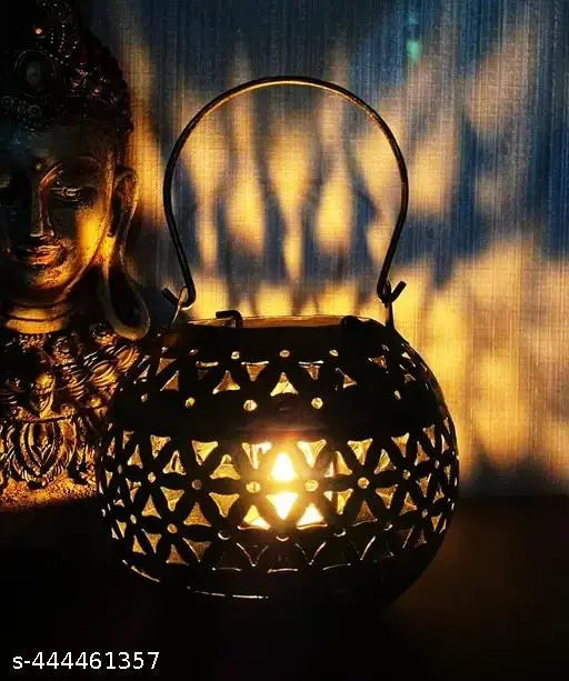 BALAJI INC. Metal Handi Flower cutting Round Tea Light Candle Holder Vintage Iron Dhoop Incense Burner Handcrafted Decorative Tea Light with Intricate Cutwork Design, Traditional Aromatherapy Diffuser for Home Decor And Wall Hanging Brass Urli Decorative