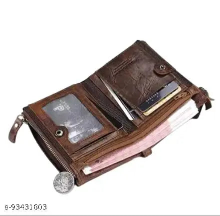 Fancy Craft Men Casual tan Genuine Leather Wallet - Mini  (7 Card Slots)  with two zip lock Two for currency and other for coin etc