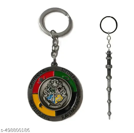 Mistazzo Harry Potter House Crest Revolving Metal Keychain & Dumbledore’s Wand Keyring – Premium Collectible Combo