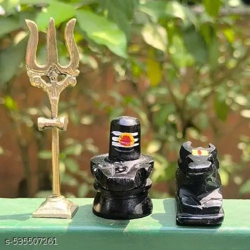 A&S VENTURES Tilak Marble Shivling Idol with Nandi and Brass Trishul – Handcrafted Lord Shiva Statue for Pooja Room, Home Temple Décor, Abhishekam & Spiritual Giftv