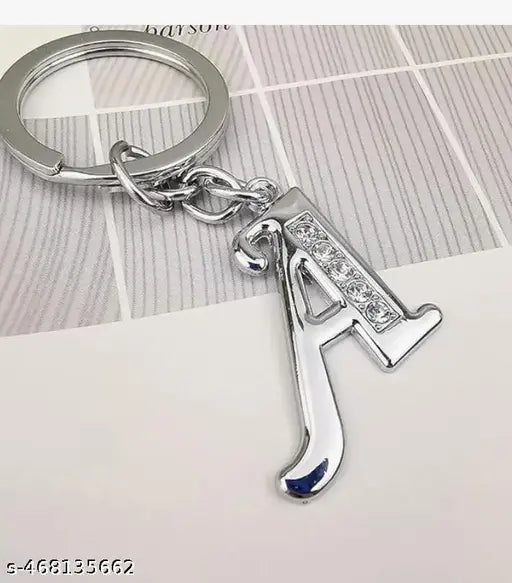 RSB Store Italics Alphabet Letter Metal with  Stones Keychains for Car Bike Men Women Keyrings, Silver