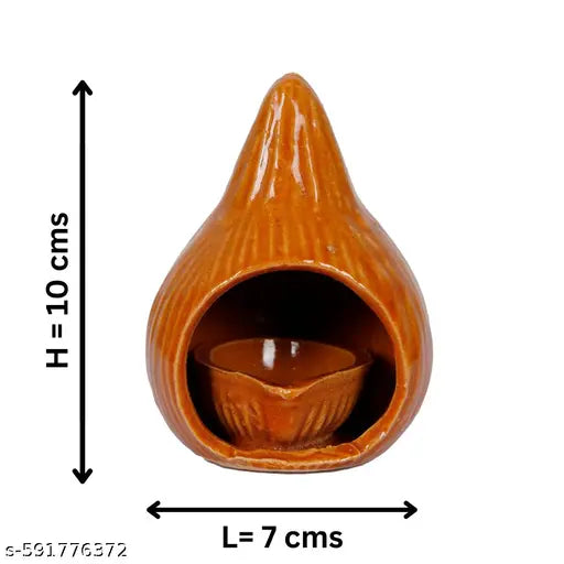 AL- BISMI Ceramic Oil Lamp for Pooja Room, Diya Lamp,  Pack of 1 with Free Thread Wicks (Large, Coconut Shape)