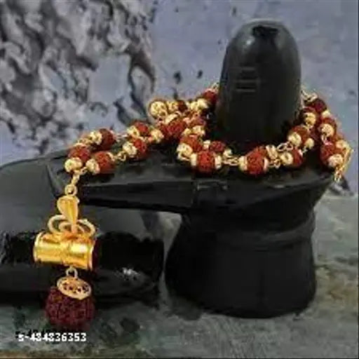 Gold Plated Shiva Trishul Damru Mahadeva Panchmukhi Rudraksh Om  Damru  Pendant Locket Necklace Jewelry for Men and Women Gold-plated Brass Pendat (pack of 1)