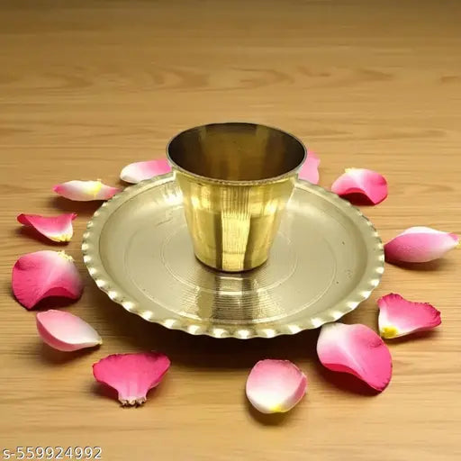 Pure Brass Puja Thali Set – 1 Thali & 1 Glass Combo | Compact Combo for Daily Use for Home, Temple, Shop& Office Etc.