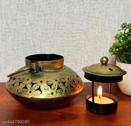 BALAJI INC. 5*5" Degchi Small Handi Degchi Tea Light Dhoop Candle Holder Kapoor Dani for Home Decor Small kitchen item Indian traditional Brass utensils Miniature brass kitchenware Ethnic Small brass pots for decoration puja room