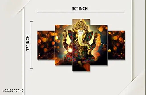 Set Of 5 Lord Ganesha Wall Painting For Living Room /Modern art self adeshive Home decorative gift item , office , hotel MDF framed painting 17 x 30 inch
