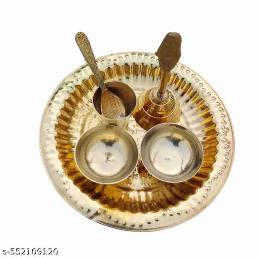 DARIDRA BHANJAN Brass Small Bhog Om thali set, Puja Bhog thali set, Ladoo Gopal Bartan Set, Bhog Thali Set with 2 Katori, 1 Glass, 1 Spoon Ghanti Decorative Set for Home Temple Decor, puja article.