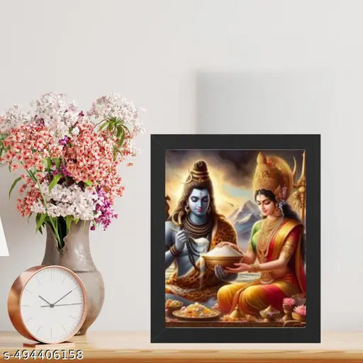 Hindu Religious Shiva and Maa Annapurna Devi Design Wall Art Painting Frame For Home Decoration And Gifting, Traditional Temple Artwork (7x9 inch)