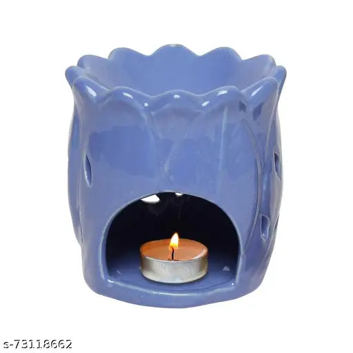 Ceramic Aroma Burner T-Light Candle Purple Diffuser Lotus Shape for Home with 1 Tea Light Candle and 1 Aroma Oils- English Lavender 10ml