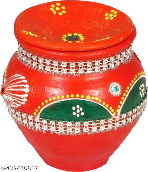 CLAY KALASH WITH RED  COLOUREULL WITH COLOURED DHAKKAN  PREMIUM CLAY KALASH NET QUANTITY (N) PACK OF 1Handcrafted Decorative Kalash– Handmade