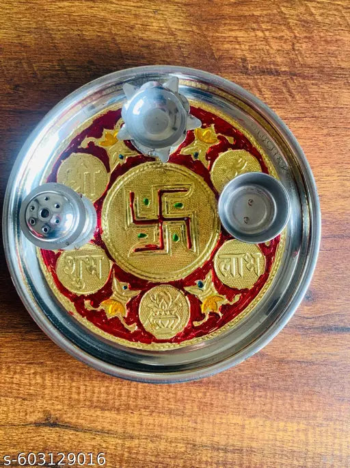 Stainless Steel Pooja Thali Set with Spoon, Diya & Kumkum Holder – Traditional Aarti Plate for Daily Worship & Festivals