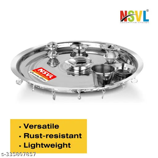 NSVL Stainless Steel Pooja Thali Set for Festival/Wedding 1 Pc Diva, Agarbatti Incense Holder, Kumkum Wati and 2 Pcs Wati