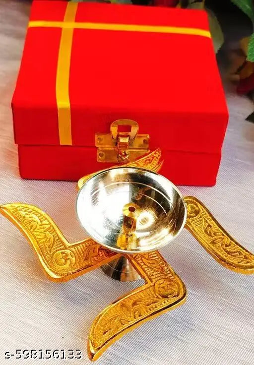 Hardik Creations Swastik Satiya Diya for pooja, Diwali decoration, Brass diya,with gift box, Akhand Diya with golden colour